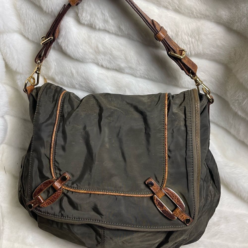 Treesje Olive green nylon with brown trim slouch shoulder bag gold tone accents